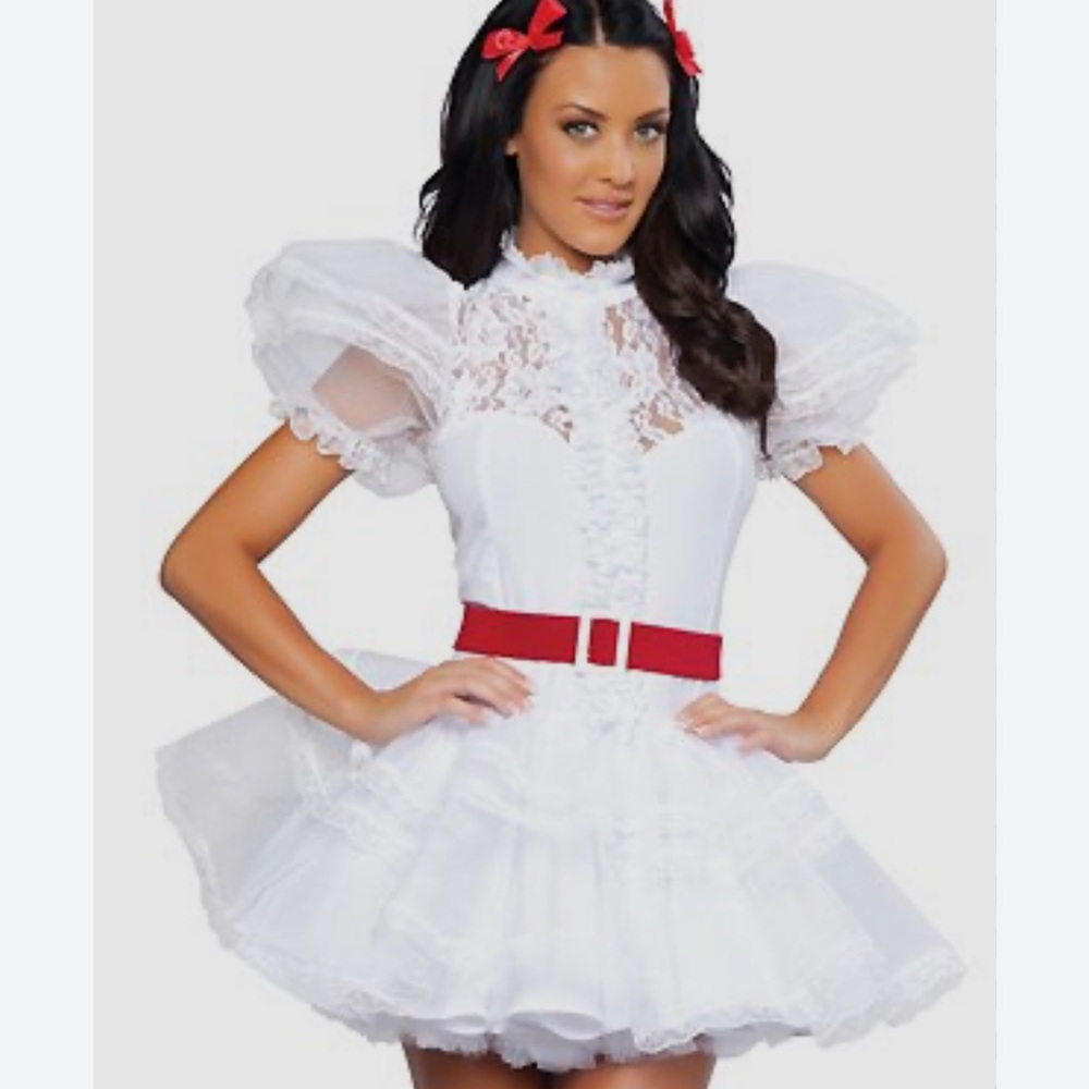 White Lace Dress with Red Belt